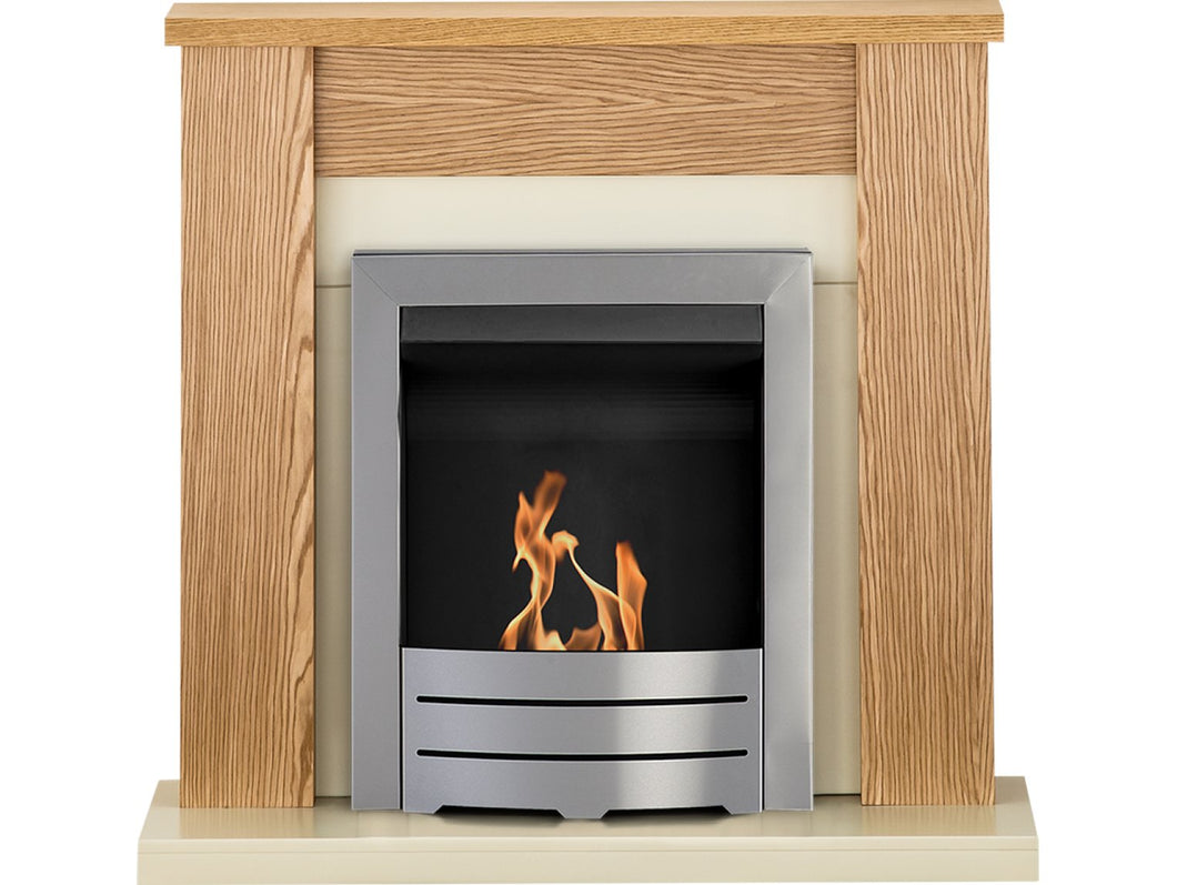 Adam Solus Fireplace Suite in Oak with Colorado Bio Ethanol Fire in Brushed Steel, 39 Inch