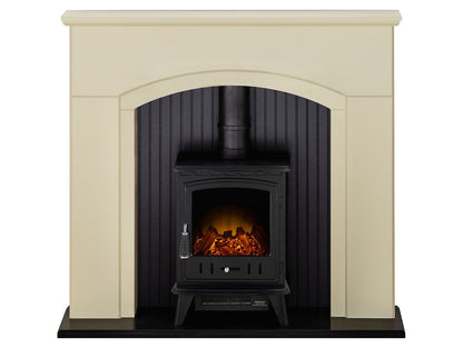 Adam Rotherham Stove Suite in Stone Effect with Aviemore Electric Stove in Black Enamel 48 Inch