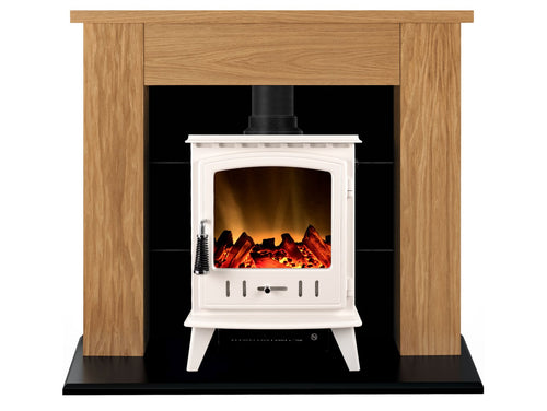Adam Chester Stove Suite in Oak with Aviemore Electric Stove in White Enamel, 39 Inch