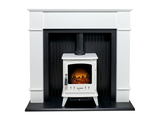 Adam Oxford Stove Suite in Pure White with Aviemore Electric Stove in White Enamel, 48 Inch