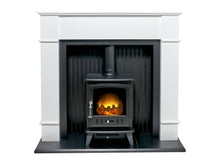 Load image into Gallery viewer, Adam Oxford Stove Suite in Pure White with Aviemore Electric Stove in Black Enamel 48 Inch
