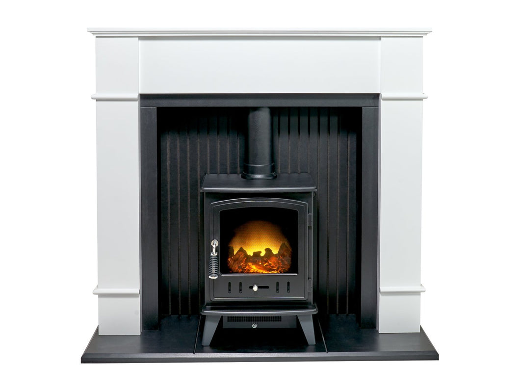 Adam Oxford Stove Suite in Pure White with Aviemore Electric Stove in Black Enamel 48 Inch