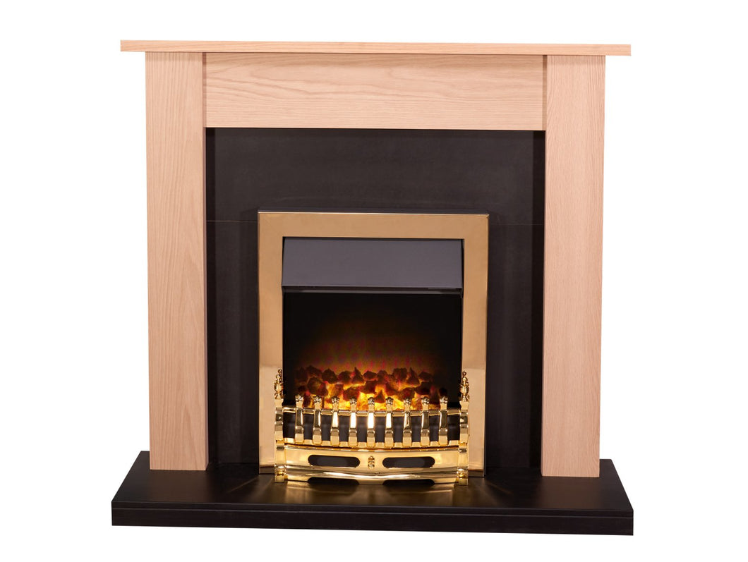 Adam Southwold Fireplace  in Oak & Black with Blenheim Electric Fire in Brass, 43 Inch