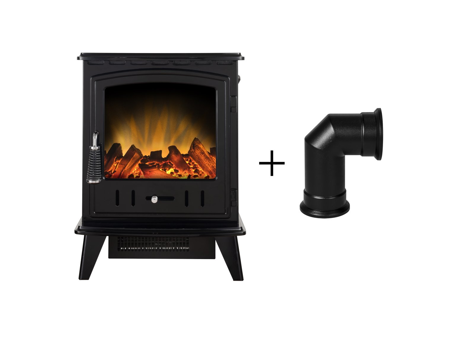 Adam Aviemore Electric Stove in Black Enamel with Angled Stove Pipe