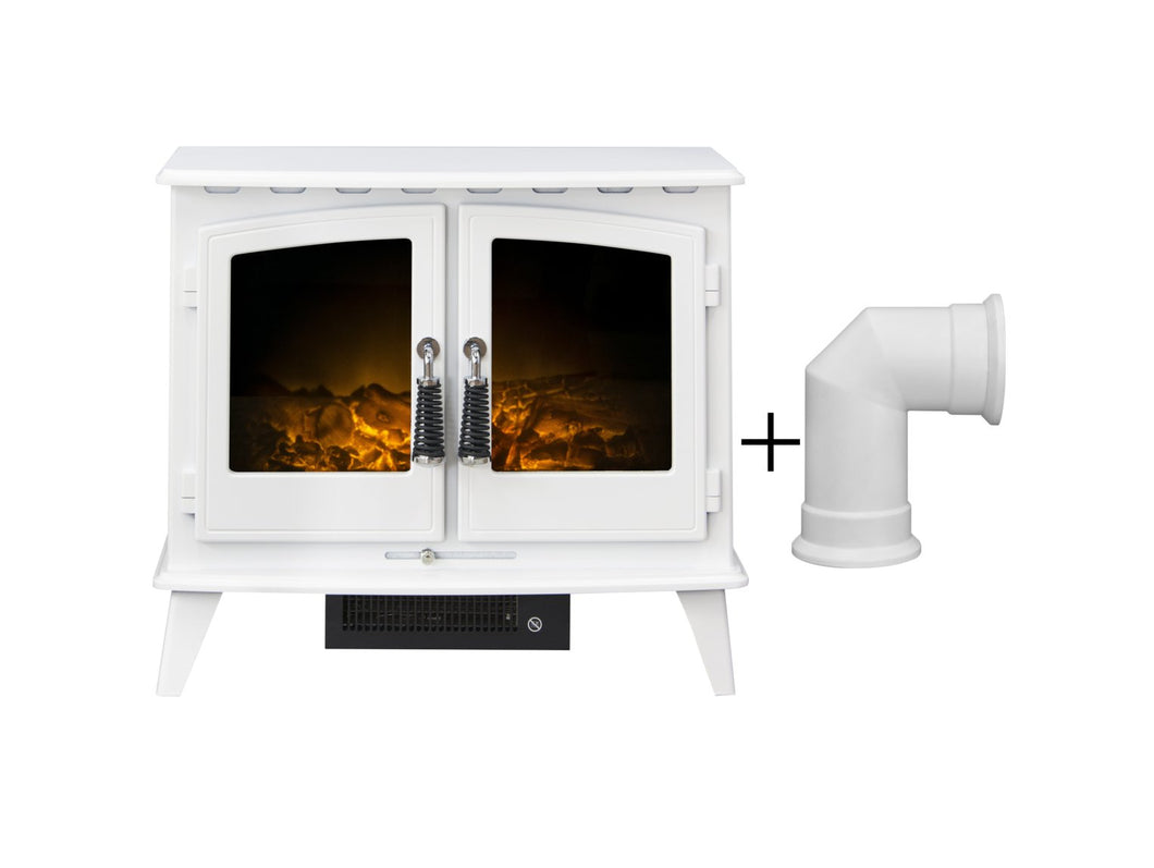Adam Woodhouse Electric Stove in Pure White with Angled Stove Pipe in Pure White