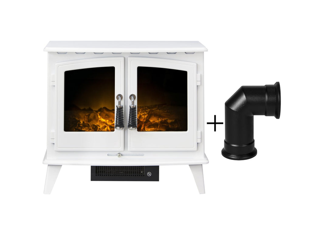 Adam Woodhouse Electric Stove in Pure White with Angled Stove Pipe in Black