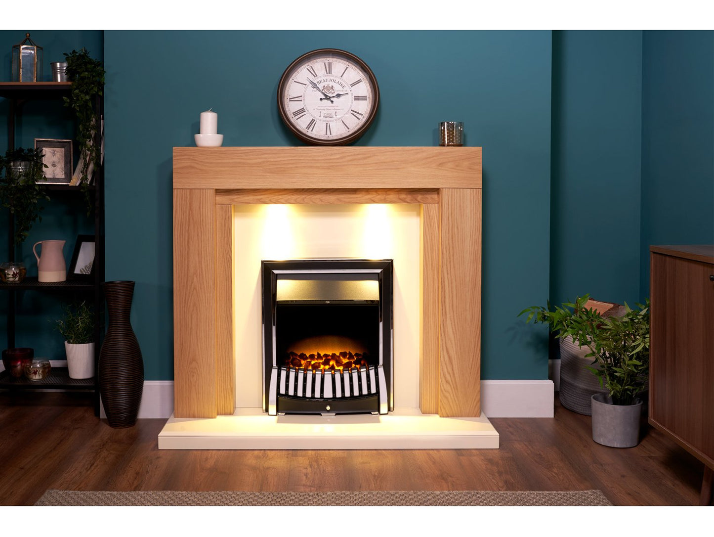 Adam Beaumont Fireplace Suite Oak & Cream + Elan Electric Fire Chrome, 48"