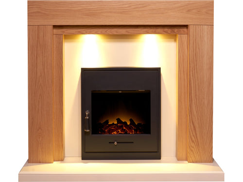 Adam Beaumont Fireplace Suite in Oak & Cream with Oslo Electric Inset Stove in Black, 48 Inch