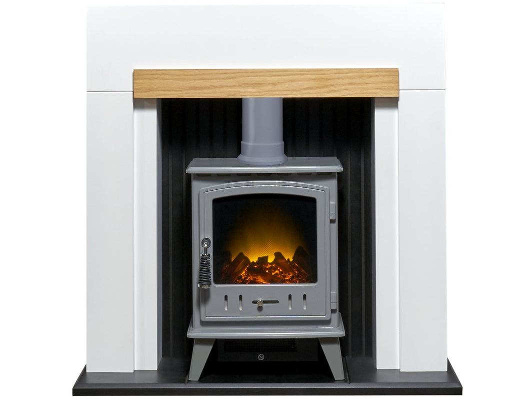 Adam Salzburg in Pure White & Oak with Aviemore Electric Stove in Grey Enamel, 39 Inch