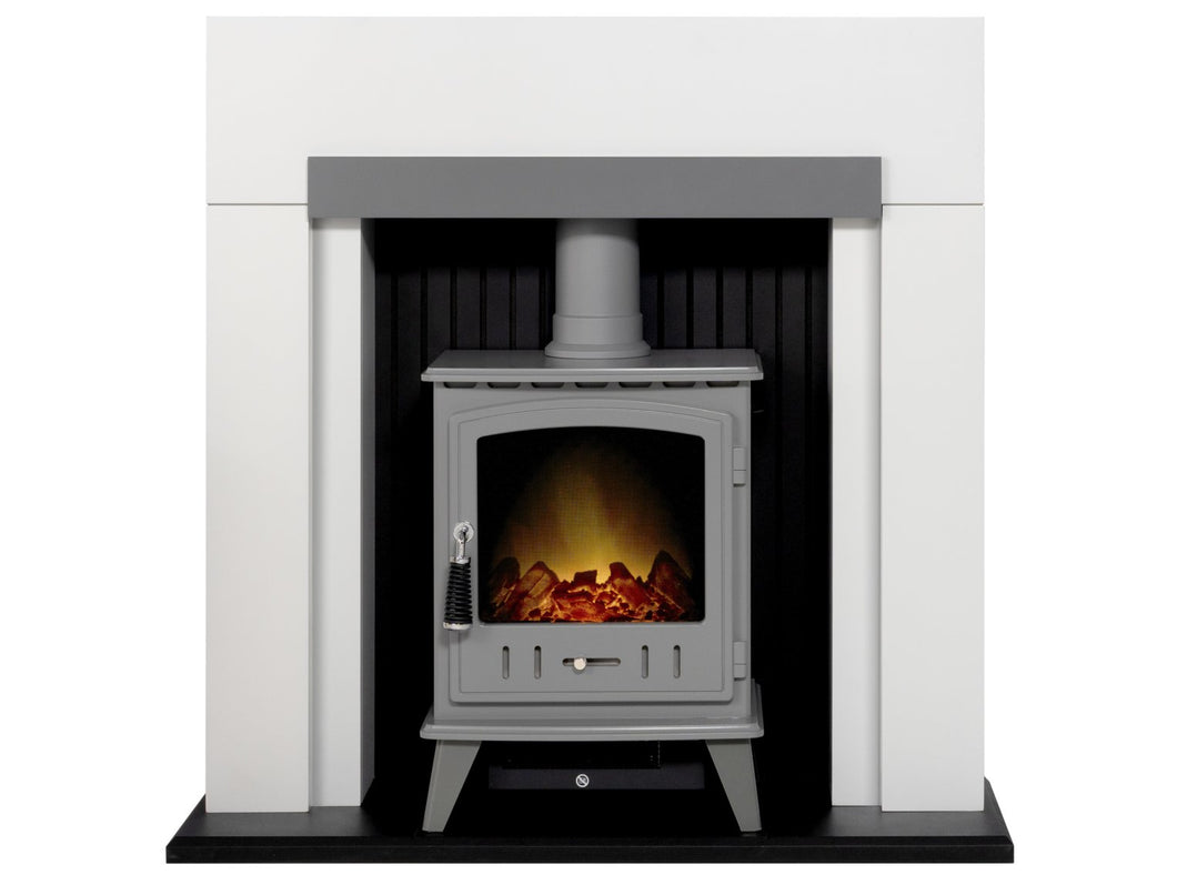 Adam Salzburg in Pure White & Grey with Aviemore Electric Stove in Grey Enamel, 39 Inch