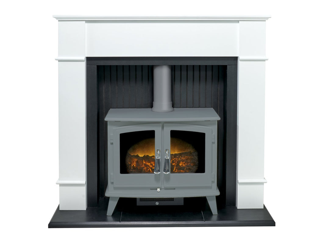 Adam Oxford Stove Suite in Pure White with Woodhouse Electric Stove in Grey, 48 Inch