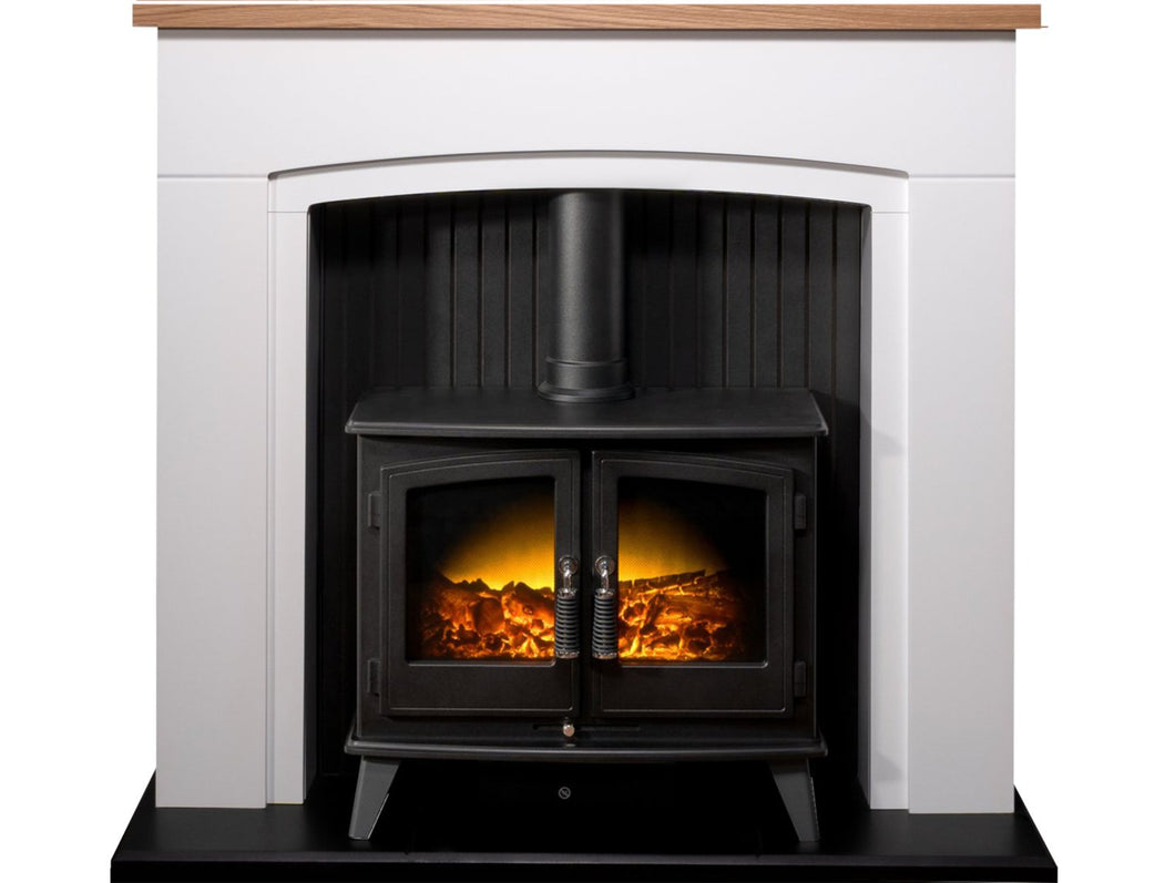 Adam Siena Stove Suite in Pure White with Woodhouse Electric Stove in Black, 48 Inch