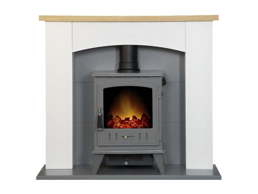 Adam Huxley in Pure White & Grey with Aviemore Electric Stove in Grey Enamel, 39 Inch
