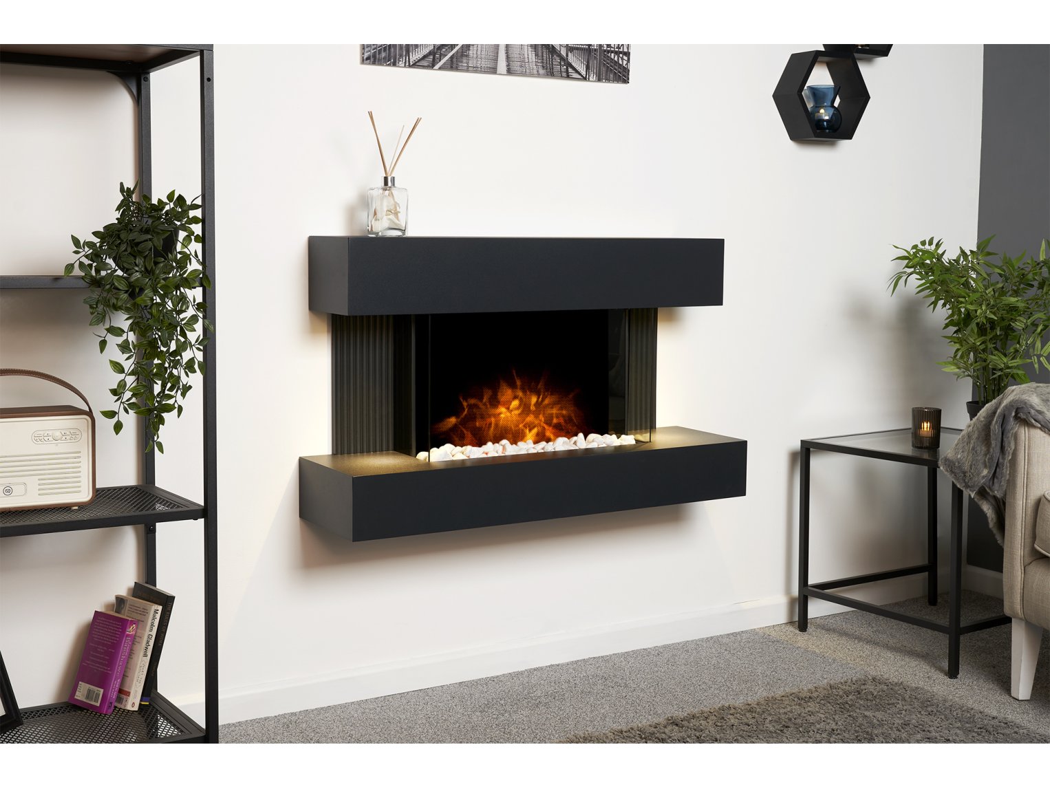 Adam Manola Charcoal Grey Wall Mounted Electric Fire Suite