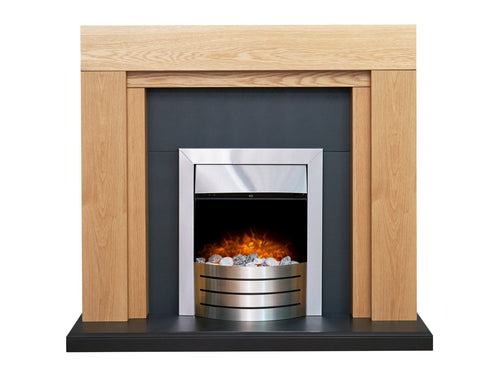 Adam Beaumont Oak & Black Fireplace with Downlights & Comet Electric Fire in Brushed Steel, 48 Inch