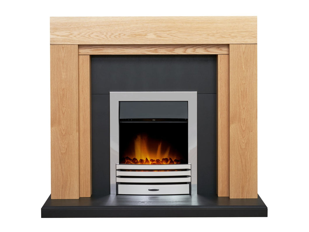 Adam Beaumont Oak & Black Fireplace with Downlights & Eclipse Electric Fire in Chrome, 48 Inch