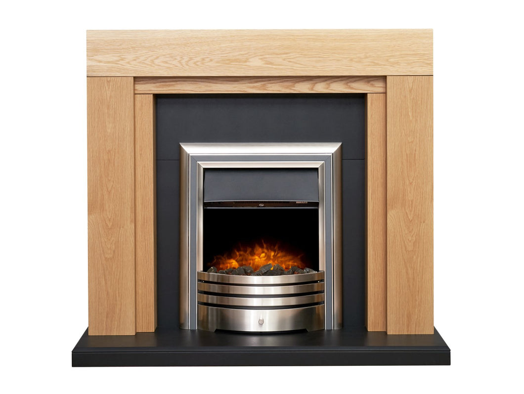 Adam Beaumont Oak & Black Fireplace with Downlights & Astralis 6-in-1 Electric Fire in Chrome, 48 Inch