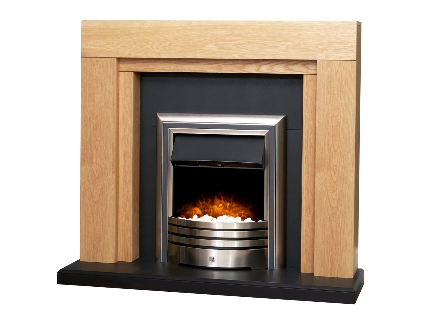 Adam Beaumont Oak & Black Fireplace + Downlights & Astralis 6-in-1 Electric Fire Chrome, 48"
