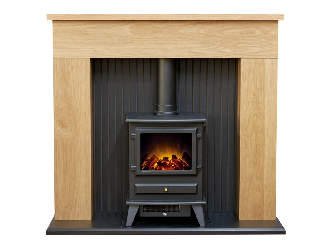 Adam Innsbruck Stove Fireplace in Oak with Hudson Electric Stove in Black, 48 Inch