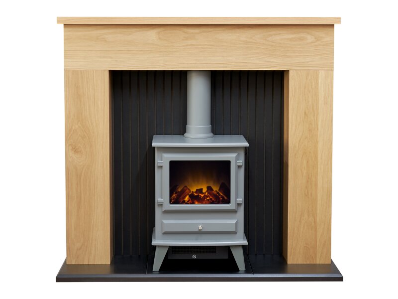 Adam Innsbruck Stove Fireplace in Oak with Hudson Electric Stove in Grey, 45 Inch