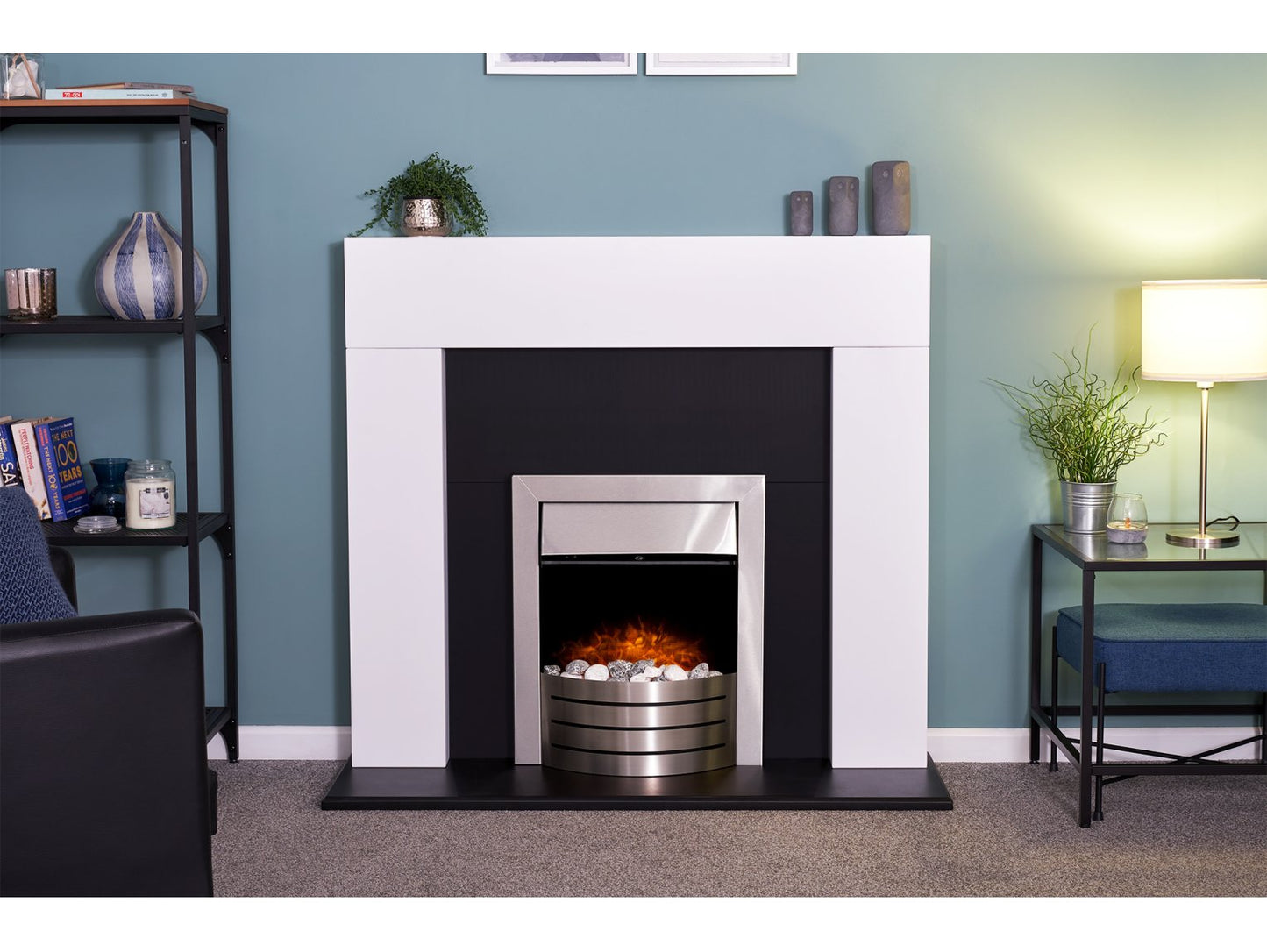 Adam Miami Fireplace Pure White & Black + Comet Electric Fire Brushed Steel, 48"