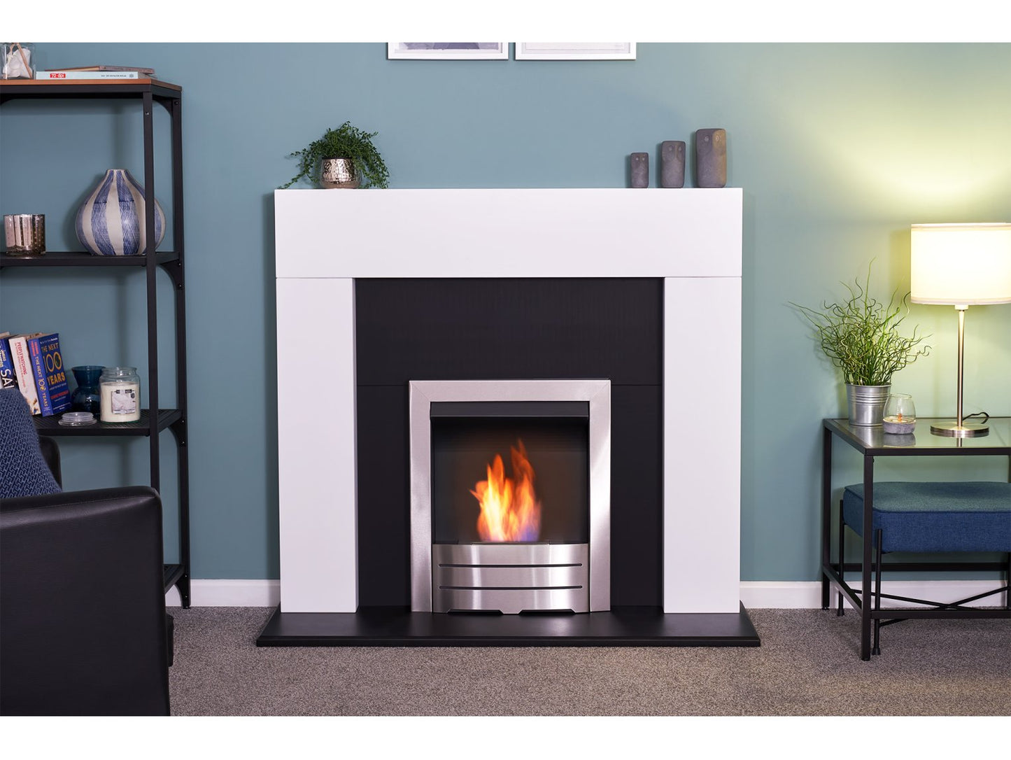Adam Miami Fireplace Pure White & Black + Colorado Bio Ethanol Fire Brushed Steel, 48"