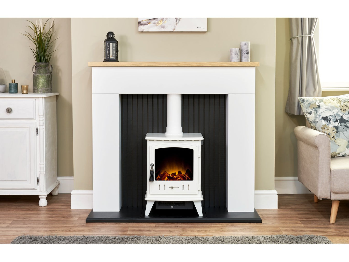 Adam Innsbruck Stove Fireplace Pure White + Aviemore Electric Stove White Enamel, 48"
