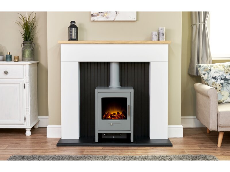 Adam Innsbruck Stove Fireplace in Pure White with Bergen Electric Stove in Grey, 45 Inch