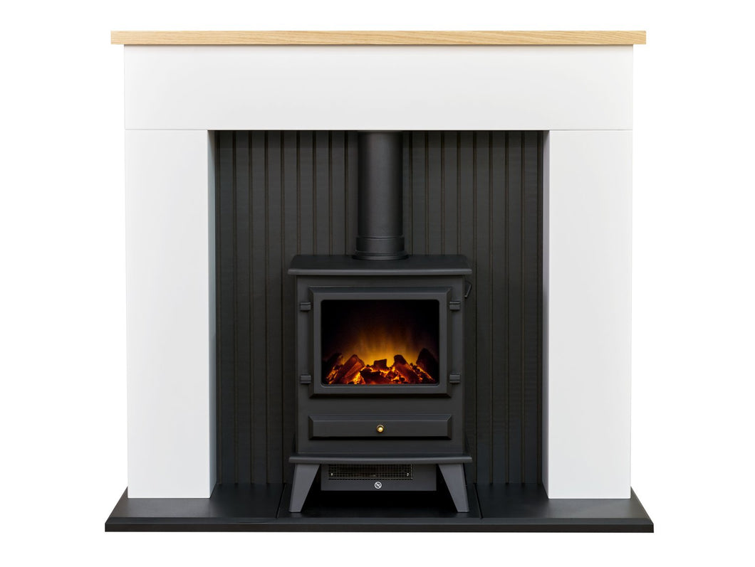 Adam Innsbruck Stove Fireplace in Pure White with Hudson Electric Stove in Black, 48 Inch