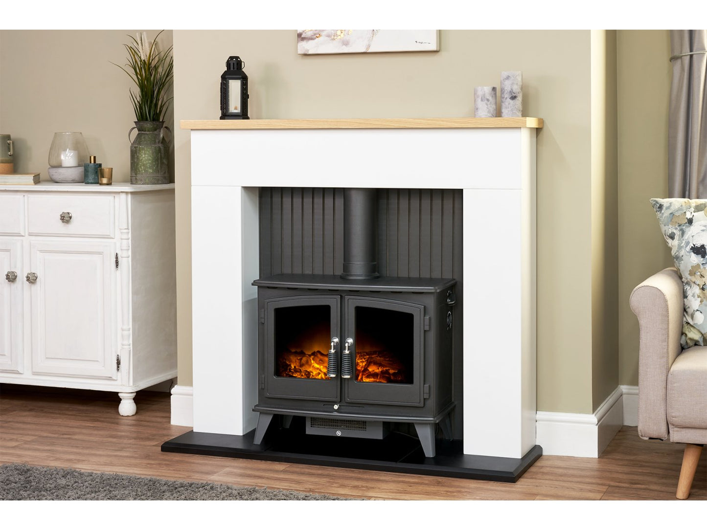 Adam Innsbruck Stove Fireplace Pure White + Woodhouse Electric Stove Black, 48"