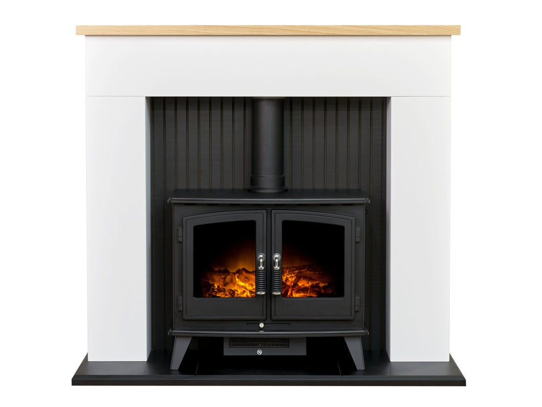 Adam Innsbruck Stove Fireplace in Pure White with Woodhouse Electric Stove in Black, 48 Inch