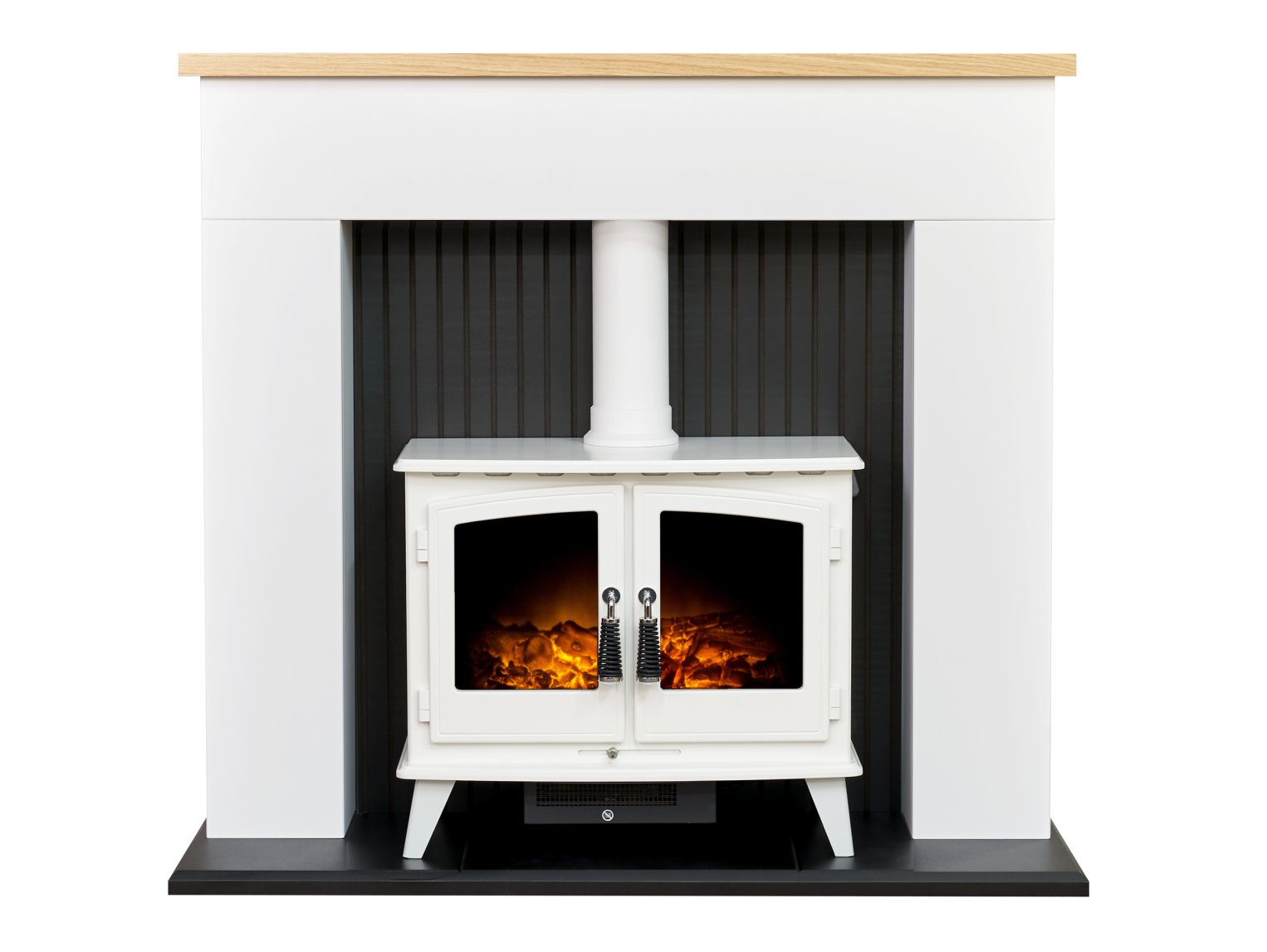 Adam Innsbruck Stove Fireplace in Pure White with Woodhouse Electric Stove in White, 48 Inch