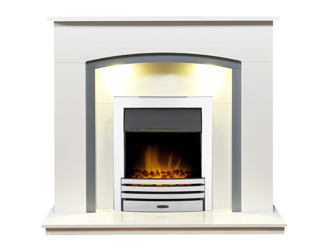 Adam Tuscany Fireplace in Pure White & Grey with Eclipse Electric Fire in Chrome, 48 Inch