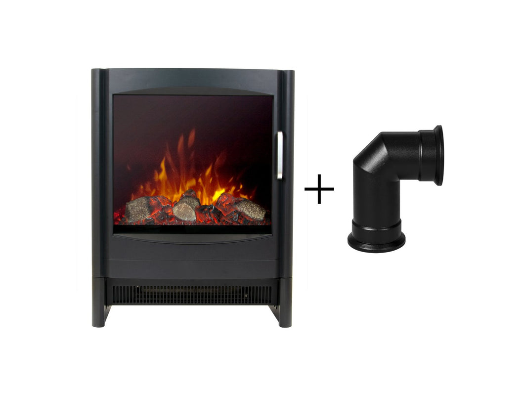 Adam Keston Electric Stove in Black with Angled Stove Pipe
