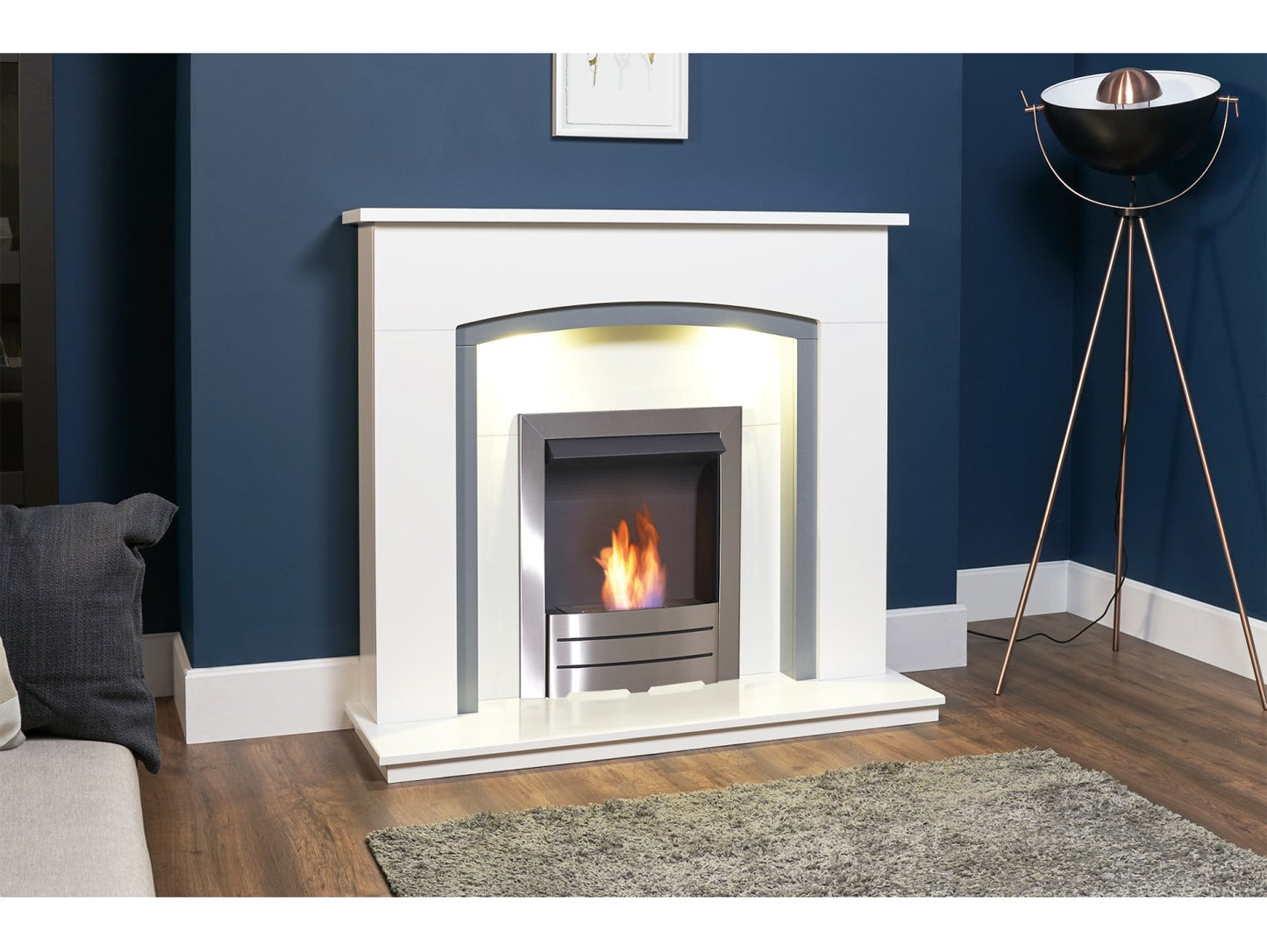 Adam Savanna Fireplace Pure White & Grey + Colorado Bio Ethanol Fire Brushed Steel, 48"