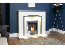 Load image into Gallery viewer, Adam Savanna Fireplace Pure White &amp; Grey + Colorado Bio Ethanol Fire Brushed Steel, 48&quot;
