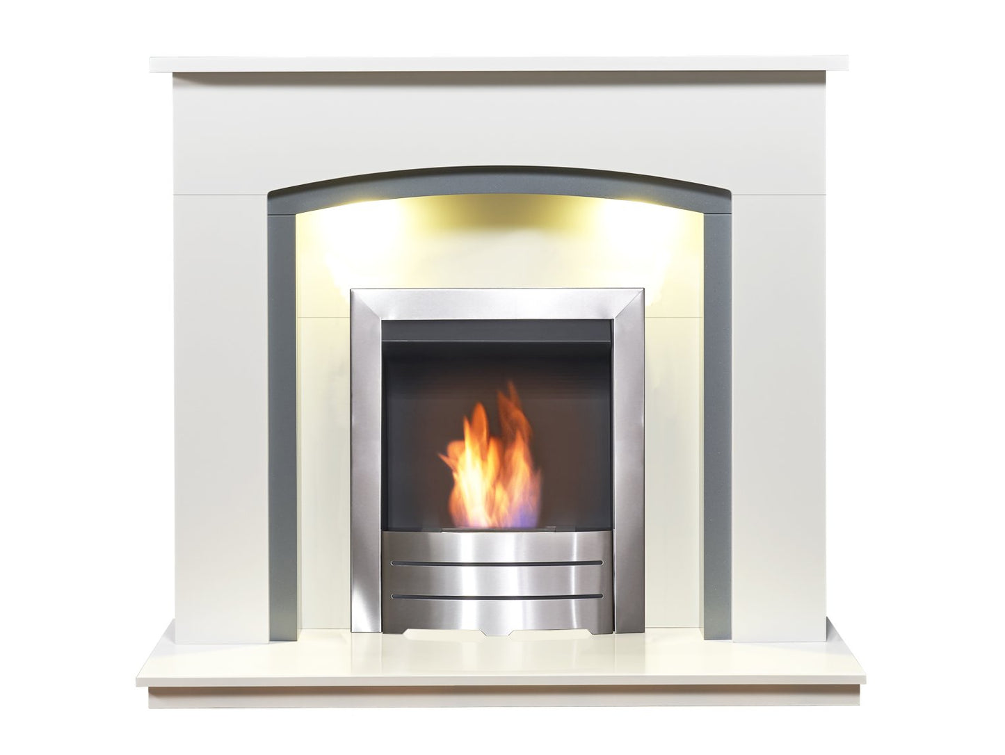 Adam Tuscany Fireplace in Pure White & Grey with Colorado Bio Ethanol Fire in Brushed Steel, 48 Inch