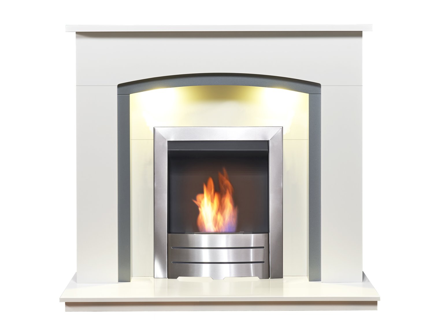 Adam Tuscany Fireplace in Pure White & Grey with Colorado Bio Ethanol Fire in Brushed Steel, 48 Inch