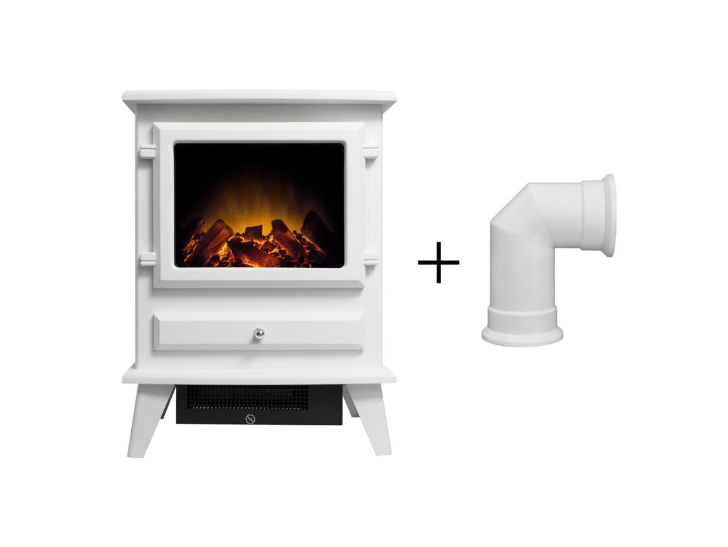 Adam Hudson Electric Stove in Textured White with Angled Stove Pipe