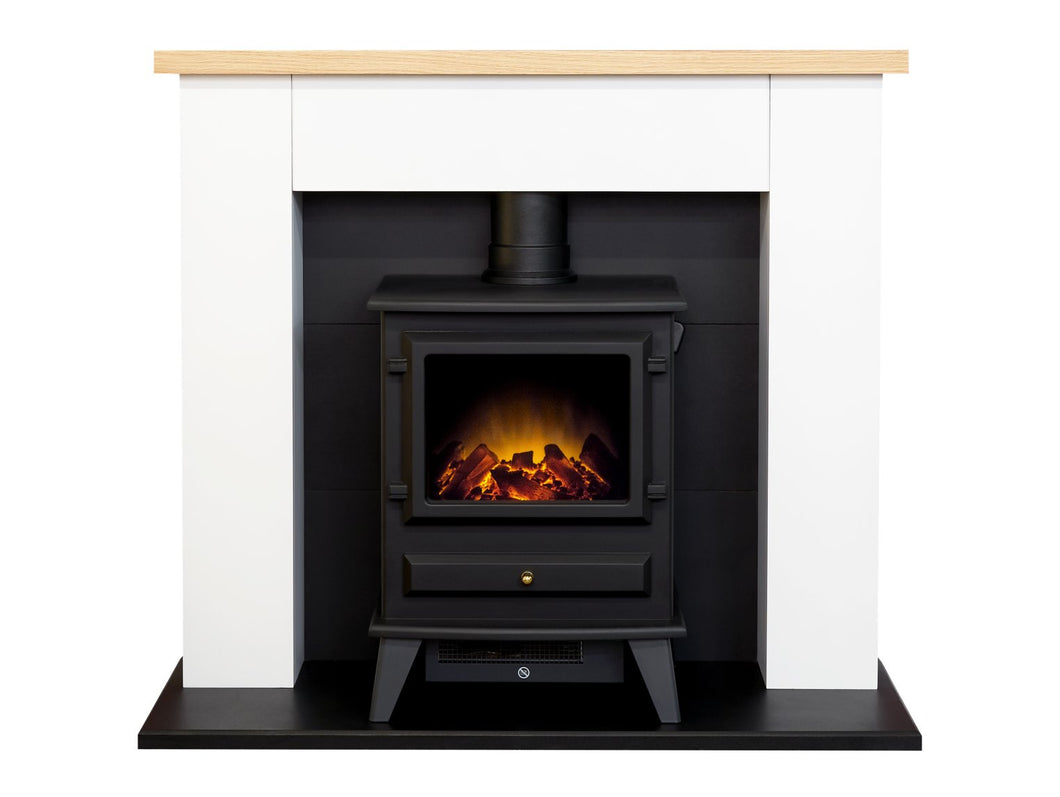 Adam Chester Fireplace in Pure White with Hudson Electric Stove in Black, 39 Inch