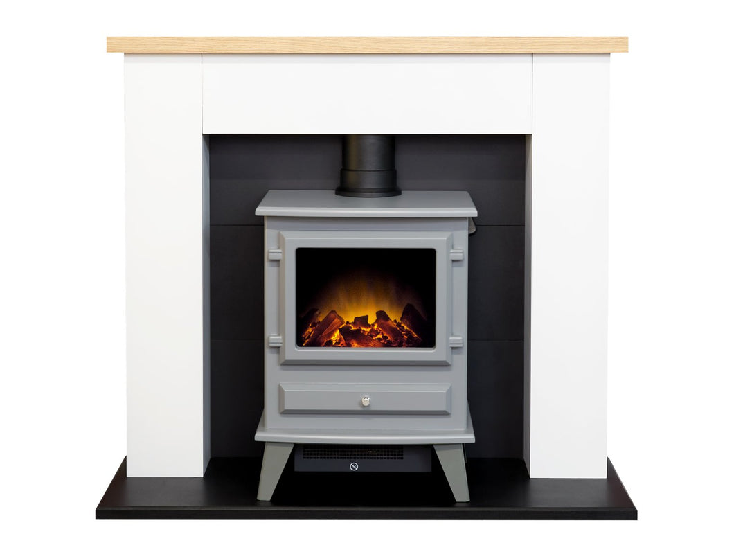 Adam Chester Fireplace in Pure White with Hudson Electric Stove in Grey, 39 Inch