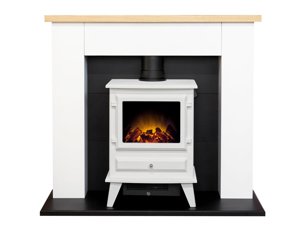 Adam Chester Fireplace in Pure White with Hudson Electric Stove in White, 39 Inch