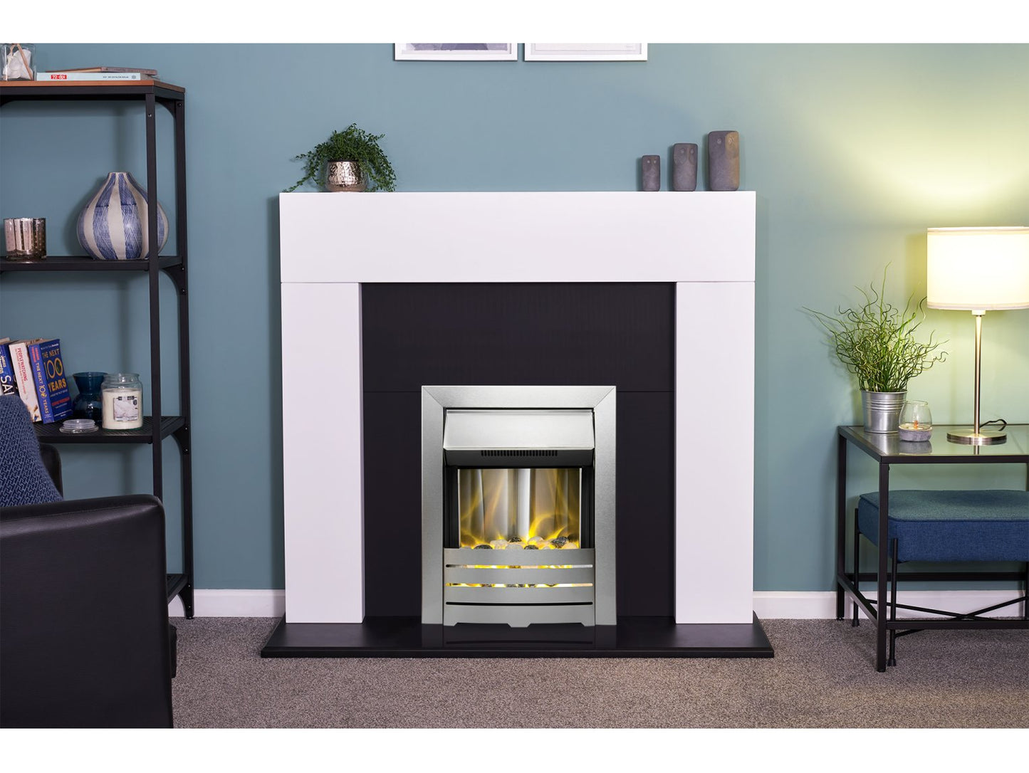 Adam Miami Fireplace Pure White & Black + Helios Electric Fire Brushed Steel, 48"