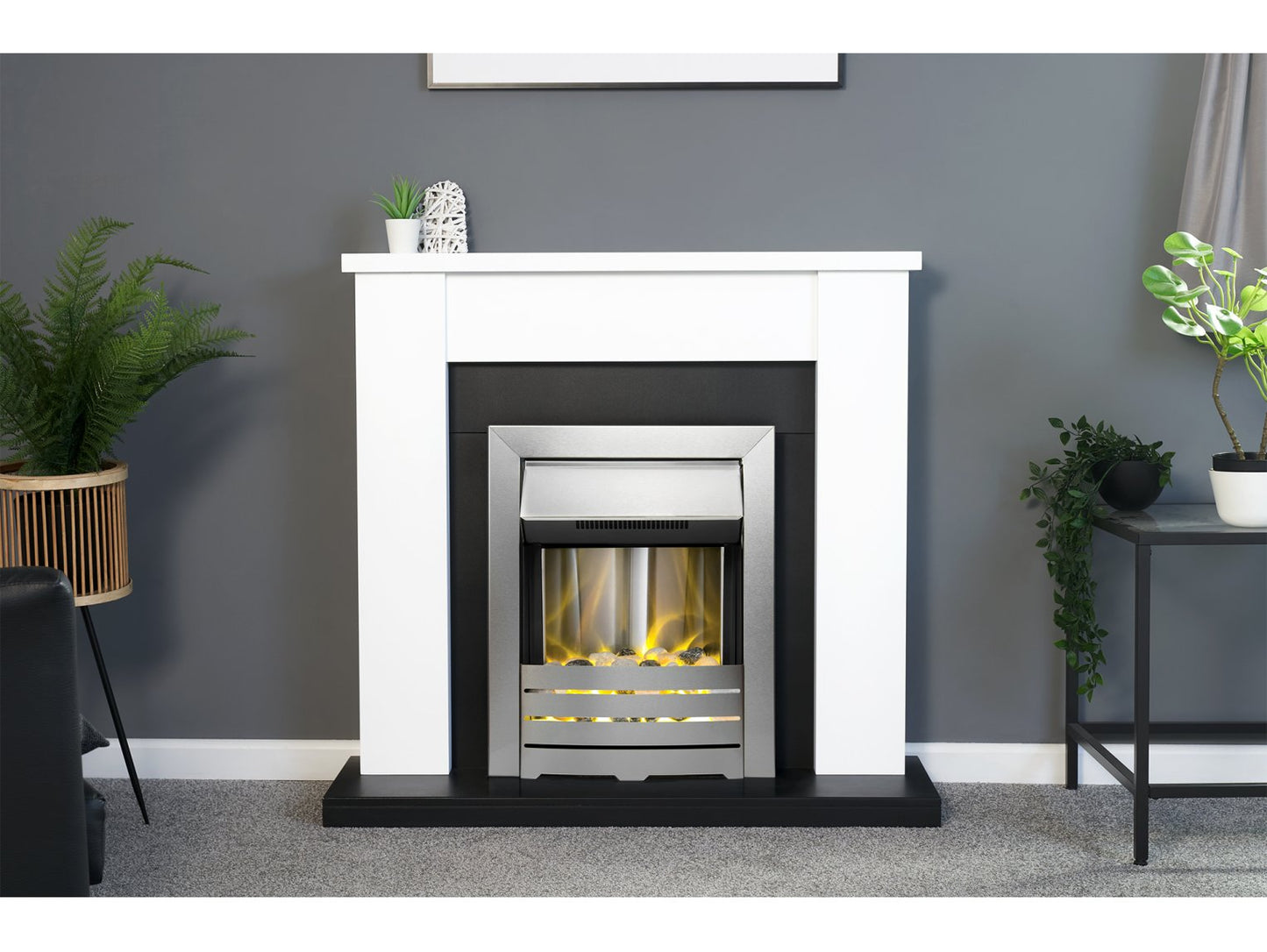 Adam Solus Fireplace Suite Black and White + Helios Electric Fire Brushed Steel, 39"