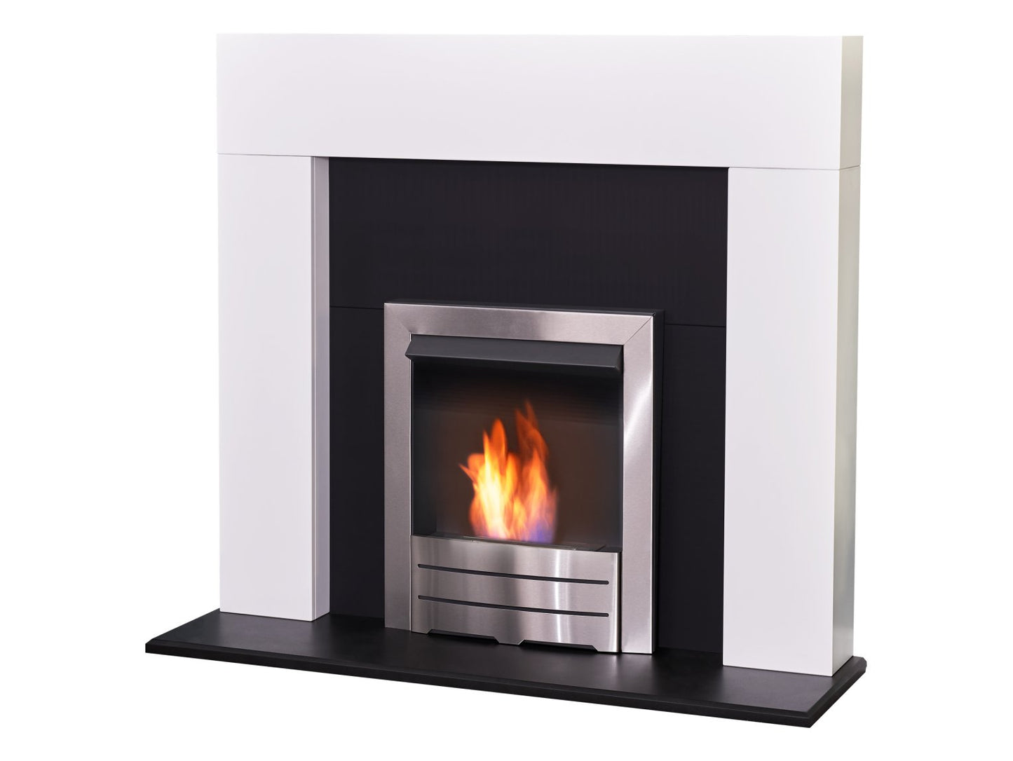 Adam Miami Fireplace Pure White & Black + Colorado Bio Ethanol Fire Brushed Steel, 48"