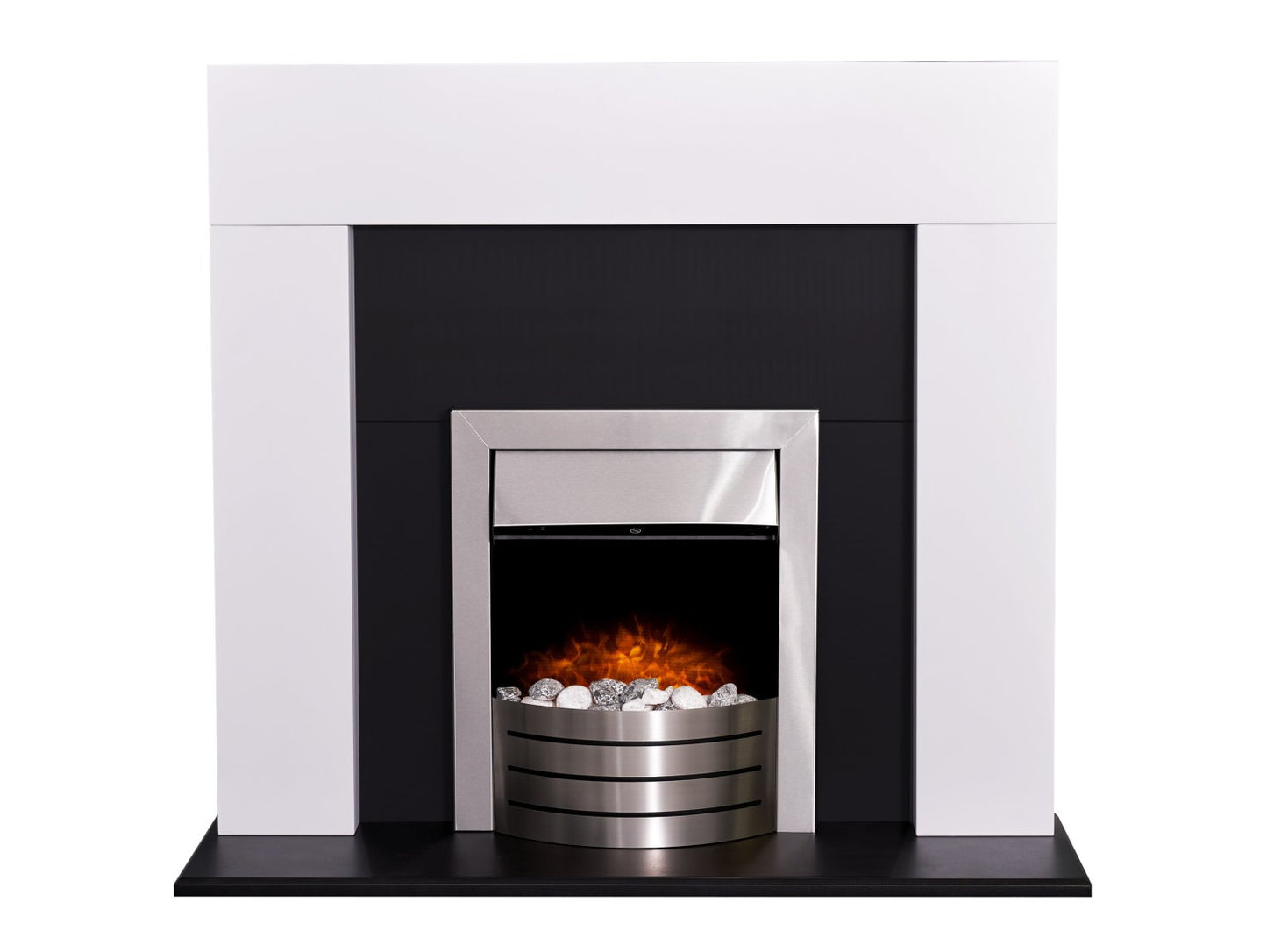 Adam Miami Fireplace in Pure White & Black with Comet Electric Fire in Brushed Steel, 48 Inch