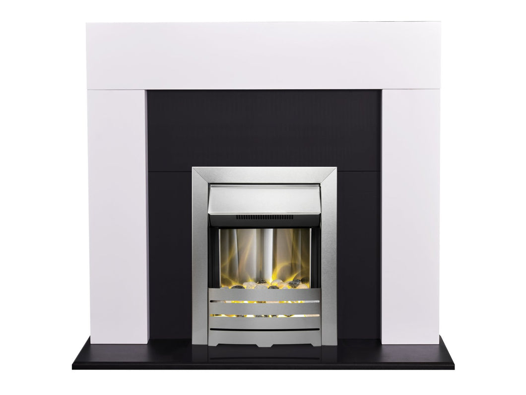 Adam Miami Fireplace in Pure White & Black with Helios Electric Fire in Brushed Steel, 48 Inch