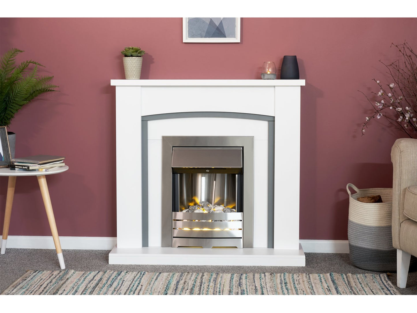 Adam Chilton Fireplace Pure White & Grey + Helios Electric Fire Brushed Steel, 39"