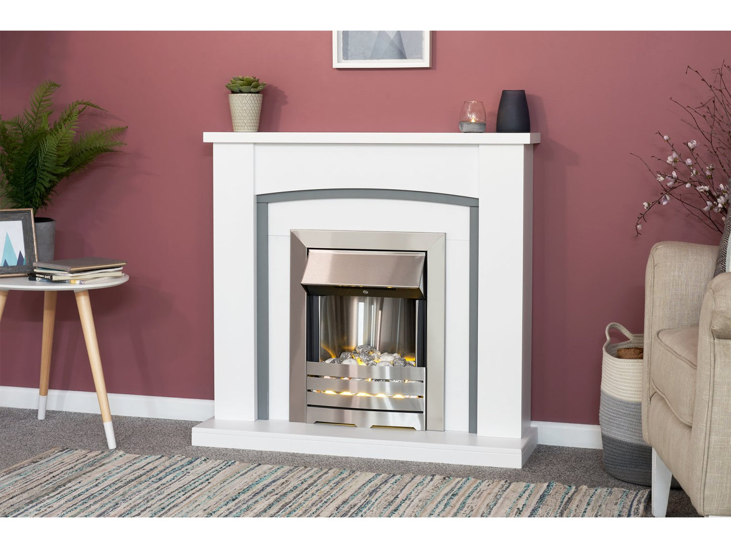 Adam Chilton Fireplace Pure White & Grey + Helios Electric Fire Brushed Steel, 39"