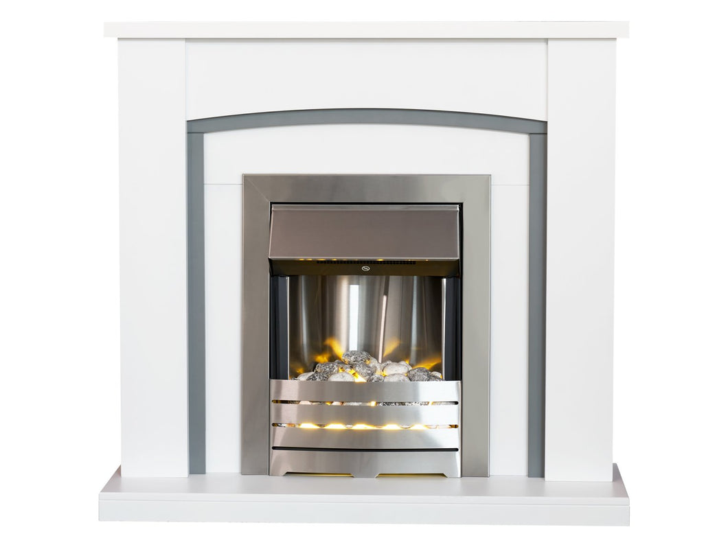 Adam Chilton Fireplace in Pure White & Grey with Helios Electric Fire in Brushed Steel, 39 Inch